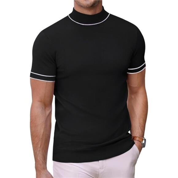 Mens Mock Turtleneck Sweater Short Sleeve Casual Dress Sweater Shirt - Picture 1 of 6